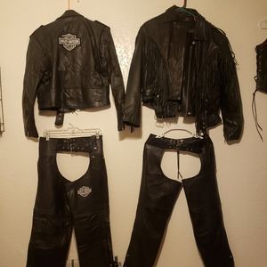 Leather jacket, chaps, and outfit